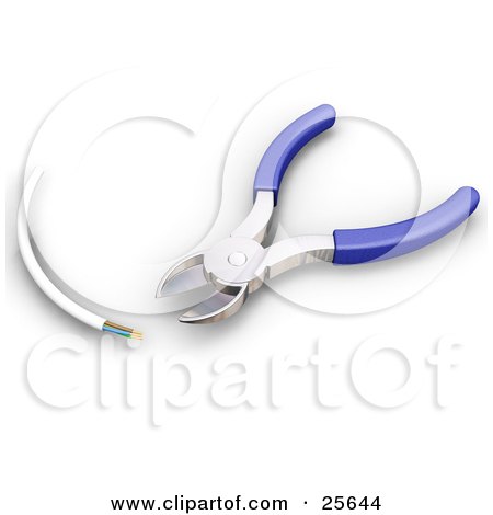 Clipart Illustration of a Pair Of Blue Handled Wire Cutters Shipping A White Cable by KJ Pargeter