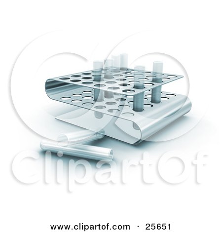 Clipart Illustration of Two Empty Test Tubes Resting On A Counter By A Tray Of Filled Test Tubes by KJ Pargeter