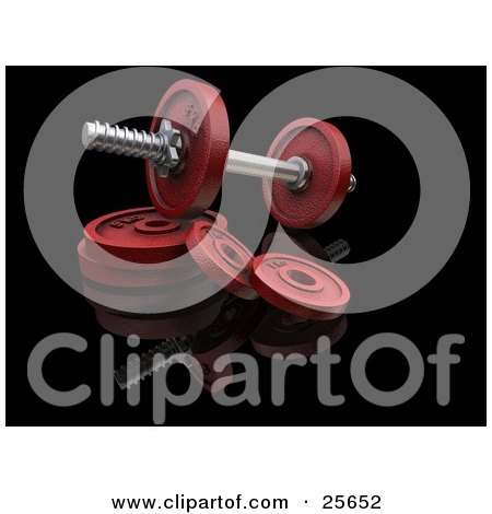 Clipart Illustration of a Red Dumbbell Resting On Disc Weights In A Gym by KJ Pargeter