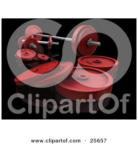 Clipart Illustration of a Set Of Silver and Red Dumbbells And Barbell Weights, Over White by KJ Pargeter