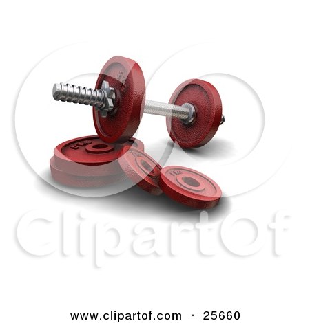 Clipart Illustration of a Dumbbell With Red Circle Weights by KJ Pargeter