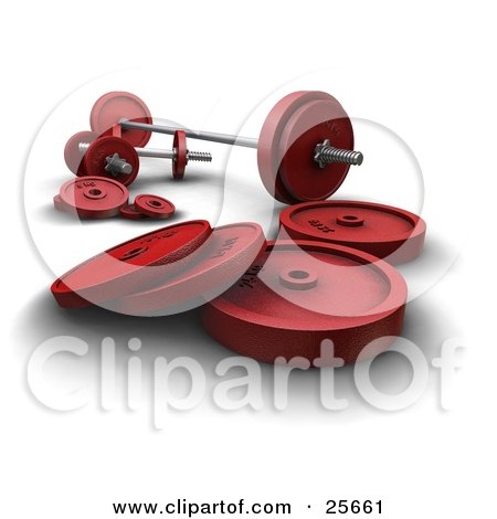 Clipart Illustration of a Red Weights And Dumbbells By A Barbell In A Gym by KJ Pargeter