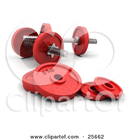 Clipart Illustration of a Set Of Red Dumbbells With Round Weights Resting On The Floor Of A Gym by KJ Pargeter
