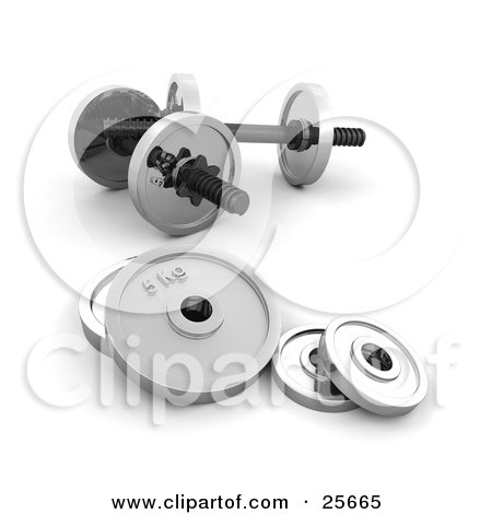Clipart Illustration of a Set Of Chrome Dumbbells With Round Weights Resting On The Floor Of A Gym by KJ Pargeter