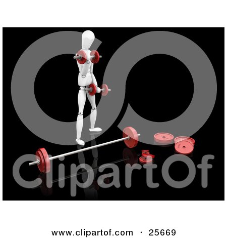 Clipart Illustration of a White Figure Character Standing And Doing Arm Exercises With Dumbbells While Standing In Front Of A Barbell by KJ Pargeter