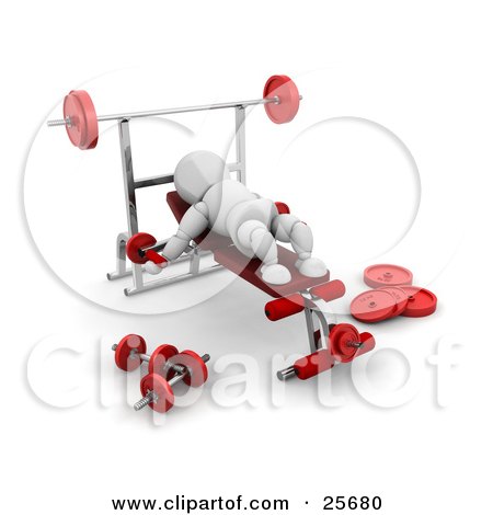 Clipart Illustration of a White Character Doing Arm Exercises On A Bench In A Fitness Gym by KJ Pargeter