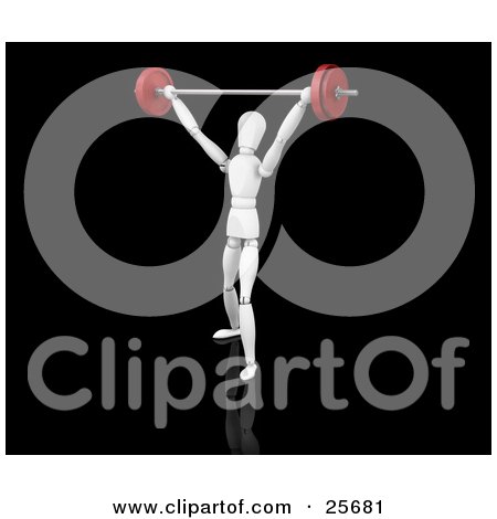 Clipart Illustration of a Strong White Figure Character Holding A Barbell With Red Weights Above His Head by KJ Pargeter