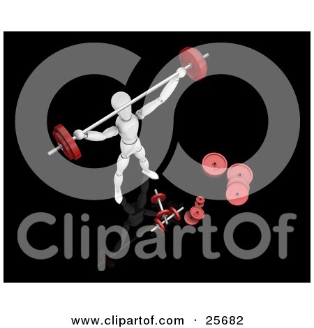 Clipart Illustration of a White Figure Character Holding A Barbell Above His Head And Standing By Weights While Strength Training In A Gym by KJ Pargeter