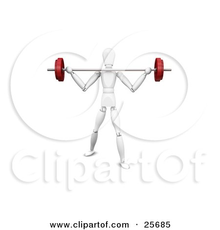 Clipart Illustration of a White Figure Character Trying To Lift A Heavy Barbell Past His Shoulders by KJ Pargeter