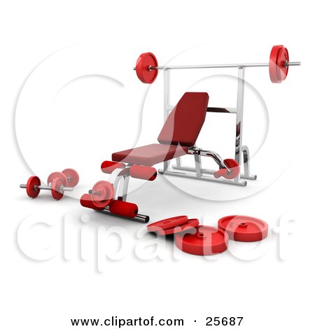 Clipart Illustration of a Chrome Bench Press Setup With Red Padding And Weights In A Fitness Gym by KJ Pargeter