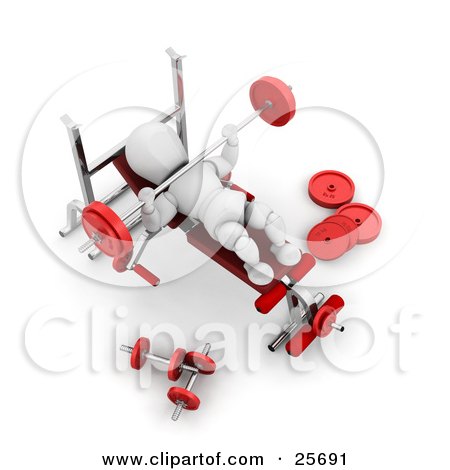 Clipart Illustration of a White Character Working Out With A Barbell At The Bench Press In A Fitness Gym by KJ Pargeter