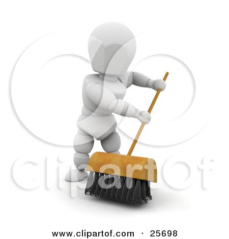 Clipart Illustration of a Sweeping White Character Cleaning A Floor With A Push Broom With Black Bristles by KJ Pargeter