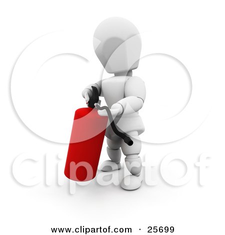 Clipart Illustration of a White Character Operating A Red Fire Extinguisher by KJ Pargeter