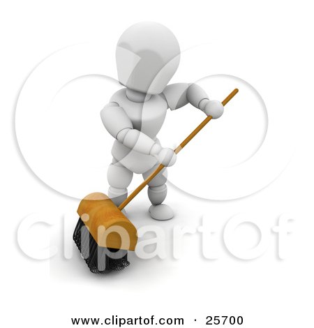 Clipart Illustration of a White Character Sweeping A Floor With A Big Push Broom With Black Bristles by KJ Pargeter