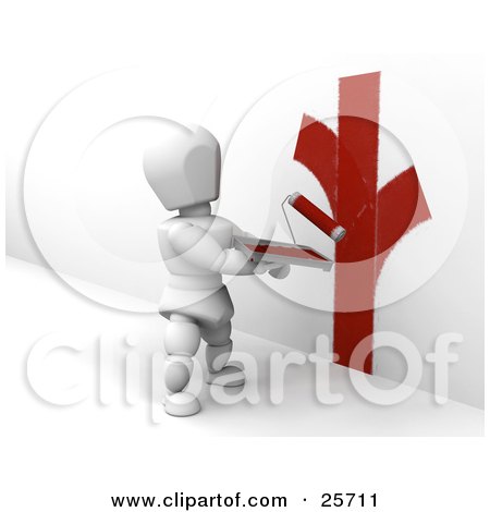 Clipart Illustration of a White Character Holding A Tray Of Red Paint And Painting A Wall With A Roller by KJ Pargeter