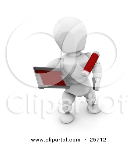 Clipart Illustration of a White Character Holding Red Paint In A Tray And A Roller by KJ Pargeter