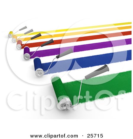 Clipart Illustration of Roller Brushes Painting Yellow, Orange, Red, Purple, Blue And Green Paint To A Wall by KJ Pargeter