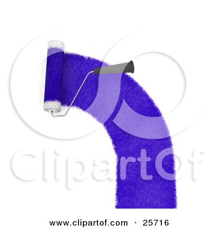 Clipart Illustration of a Handled Roller Brush Applying A Curved Line Of Purple Paint To A Wall by KJ Pargeter