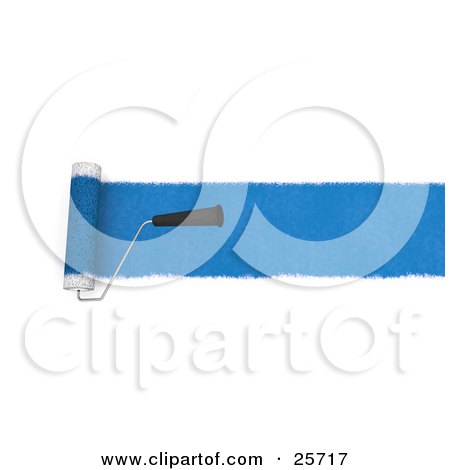 Clipart Illustration of a Handled Roller Brush Applying A Line Of Blue Paint To A Wall by KJ Pargeter