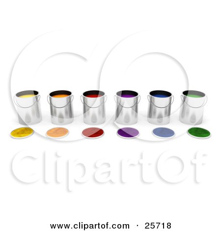 Clipart Illustration of a Row Of Tin Paint Cans Filled With Colorful Paints, Lids Resting In Front by KJ Pargeter
