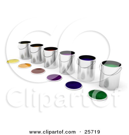 Clipart Illustration of a Diagonal Row Of Paint Cans Full Of Colorful Paints, Lids Resting In Front by KJ Pargeter