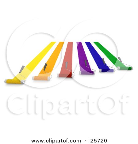 Clipart Illustration of Roller Brushes Moving Forward And Painting Yellow, Orange, Red, Purple, Blue And Green Lines by KJ Pargeter