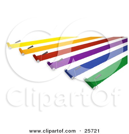 Clipart Illustration of Rows Of Roller Brushes Applying Yellow, Orange, Red, Purple, Blue And Green Paint by KJ Pargeter
