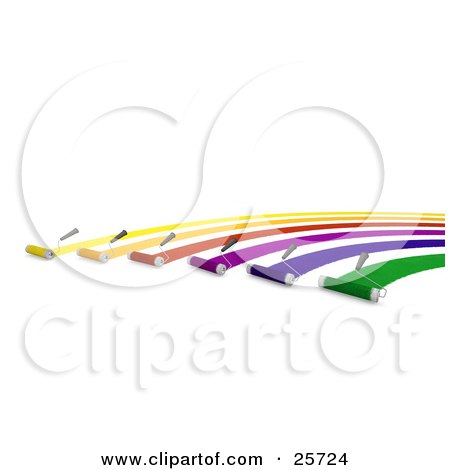 Clipart Illustration of Rows Of Roller Brushes Applying Yellow, Orange, Red, Purple, Blue And Green Paint In Arches Like A Rainbow by KJ Pargeter