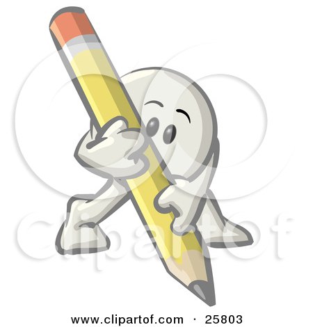 Clipart Illustration of a White Konkee Character Writing With A Yellow Pencil by Leo Blanchette