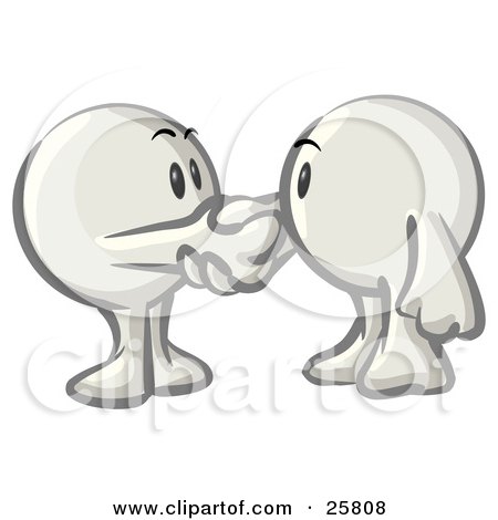 Clipart Illustration of White Konkee Characters Shaking Hands by Leo Blanchette