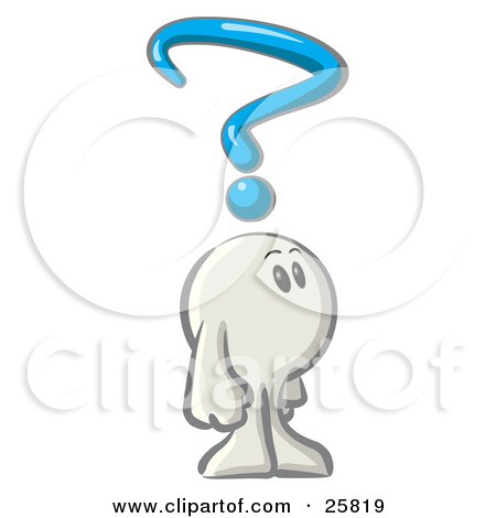 Clipart Illustration of a White Konkee Character Pondering Over Something With A Blue Questionmark Over His Head by Leo Blanchette