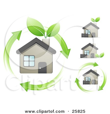 Clipart Illustration of an Eco Friendly Home With Green Leaves Sprouting From The Chimney And Arrows Circling Around It by beboy