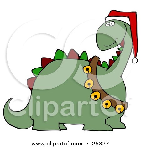 Clipart Illustration of a Green Dinosaur With Red And Green Spikes, Wearing A Santa Hat And Sash Of Jingle Bells by djart