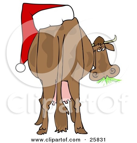 Clipart Illustration of a Brown Dairy Cow With A Santa Hat On Its Butt, Grazing On Grass And Looking Back by djart