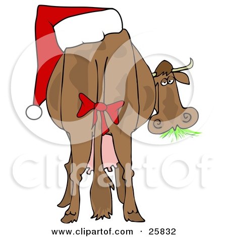 Clipart Illustration of a Brown Dairy Cow With A Red Bow On Its Tail And A Santa Hat On Its Butt, Grazing On Grass And Looking Back by djart