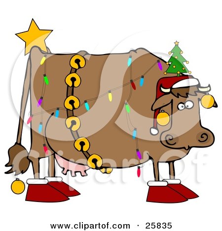 Clipart Illustration of a Brown Dairy Cow Decorated Like A Christmas Tree, Wearing A Santa Hat, Jingle Bells, Baubles, A Star And Slippers by djart