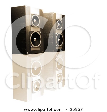 Clipart Illustration of a  Pair Of Black Stereo Speakers In Brown Lighting, Side By Side On A Reflective White Surface by KJ Pargeter