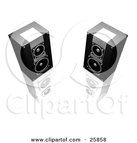 Clipart Illustration of Two Black And Silver Stereo Speakers Facing Slightly Towards Each Other, On A Reflective White Surface by KJ Pargeter