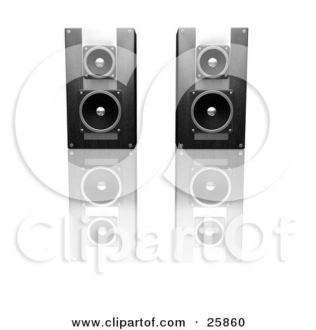 Clipart Illustration of a Pair Of Black Radio Speakers Side By Side On A Reflective White Surface by KJ Pargeter