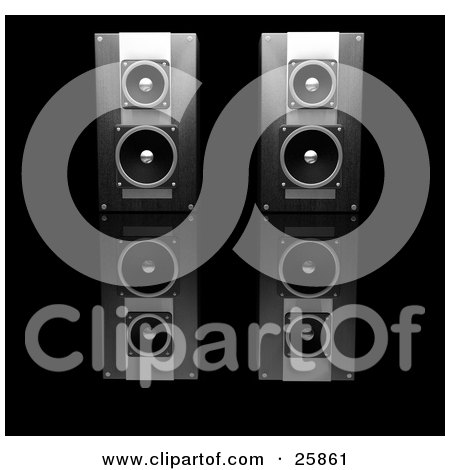 Clipart Illustration of a Pair Of Black Radio Speakers Side By Side, Facing Front, On A Reflective Black Surface by KJ Pargeter