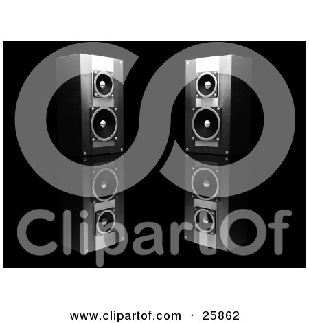 Clipart Illustration of Two Black Stereo Speakers Facing Slightly Towards Each Other, On A Reflective Black Surface by KJ Pargeter