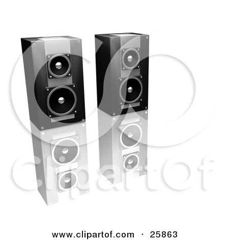 Clipart Illustration of a Pair Of Black And Silver Stereo Speakers Side By Side On A Reflective White Surface by KJ Pargeter