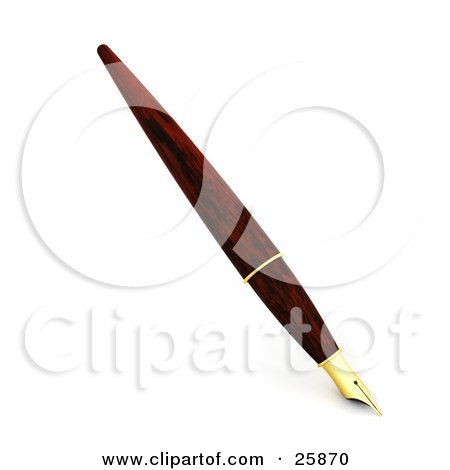 Clipart Illustration of a Wooden Patterned Fountain Pen Touching The Paper, Over White by KJ Pargeter