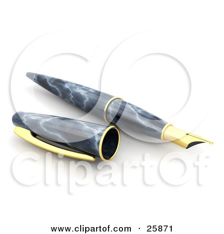 Clipart Illustration of a Marble Patterned Fountain Pen With The Cap Off And A Golden Tip, Over White by KJ Pargeter