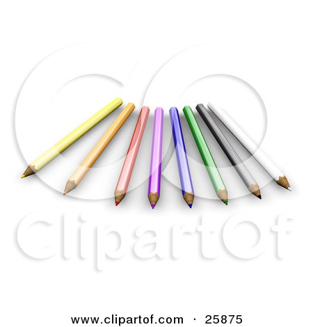 Clipart Illustration of a Group Of Sharped Yellow, Orange, Red, Purple, Blue, Green, Black And White Colored Pencils, Over White by KJ Pargeter