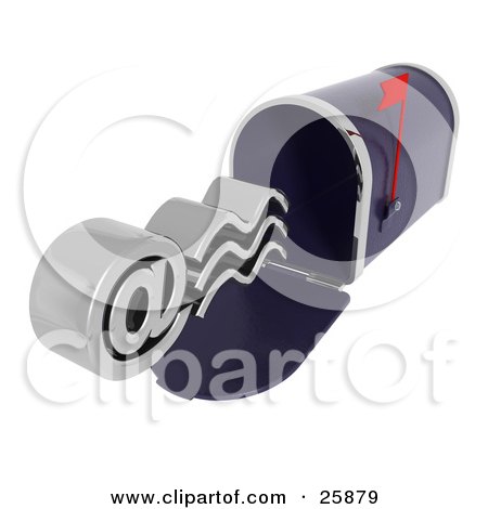 Clipart Illustration of a Silver At Email Symbol Emerging From A Blue Mailbox With The Red Flag Up, Over White by KJ Pargeter