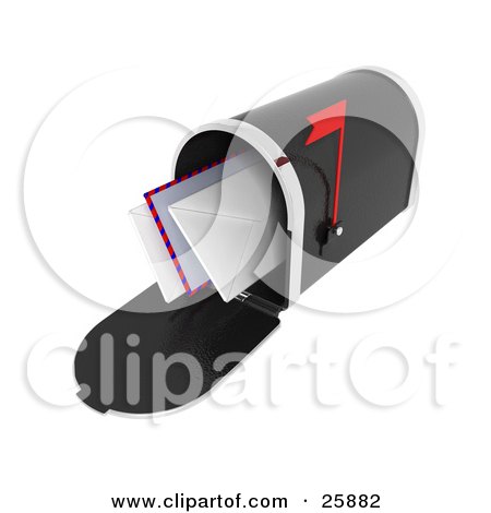 Clipart Illustration of a Black Mailbox With A Red Flag, With Envelopes Sticking Out, Over White by KJ Pargeter
