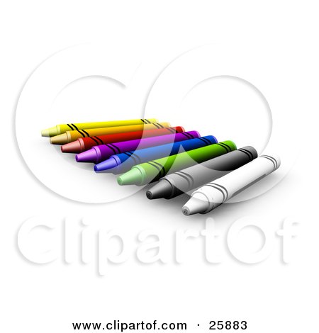 Clipart Illustration of a Row Of White, Gray, Green, Blue, Pink, Red And Yellow Crayons, Over White by KJ Pargeter