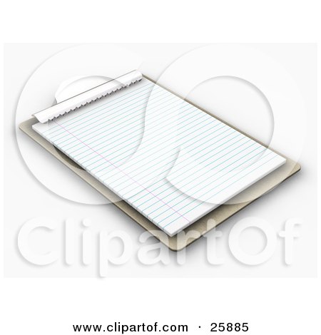 Clipart Illustration of a Wooden Clipboard With Lined Sheets Of Paper, On White by KJ Pargeter