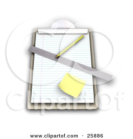 Clipart Illustration of a Pencil, Ruler And Sticky Note On Top Of Lined Paper On A Clipboard, Over White by KJ Pargeter